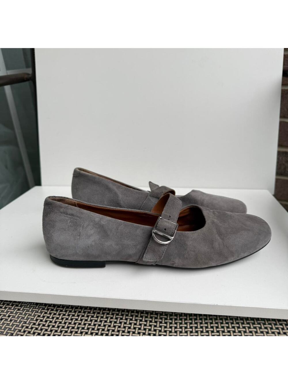 Grey genuine suede leather mary jane’s with silver hardware